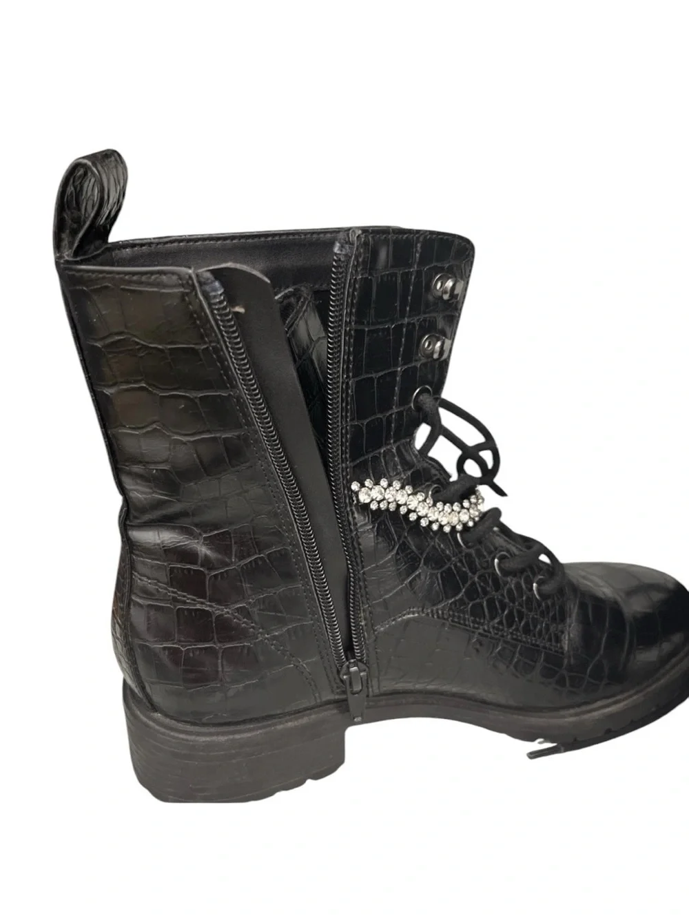 Express Black Croc-Embossed Lace-Up Boots with Rhinestone Strap 9 - Picture 5 of 6